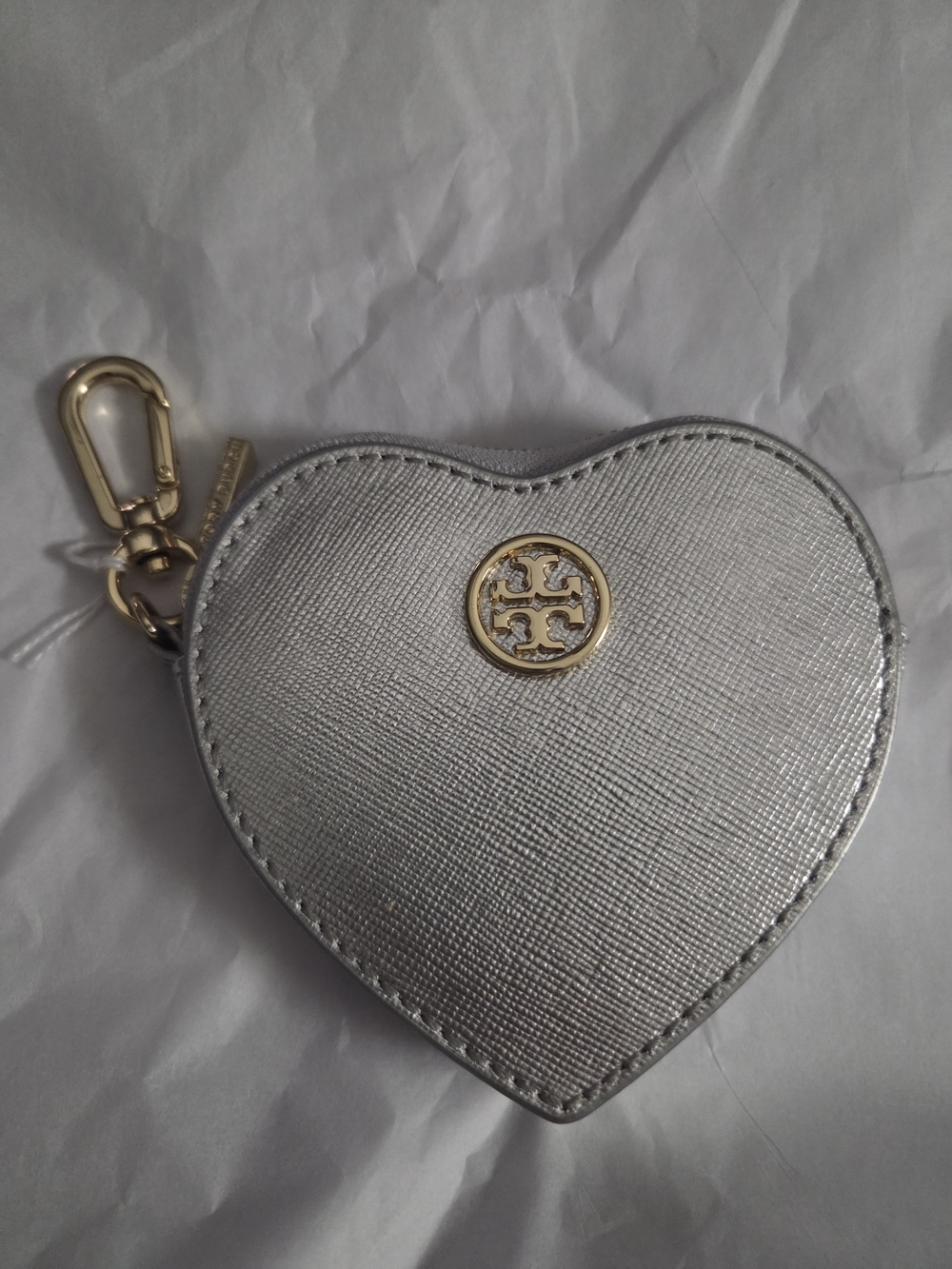 Tory Burch Heart Coin Purse Keychain - Metallic Silver NWOT